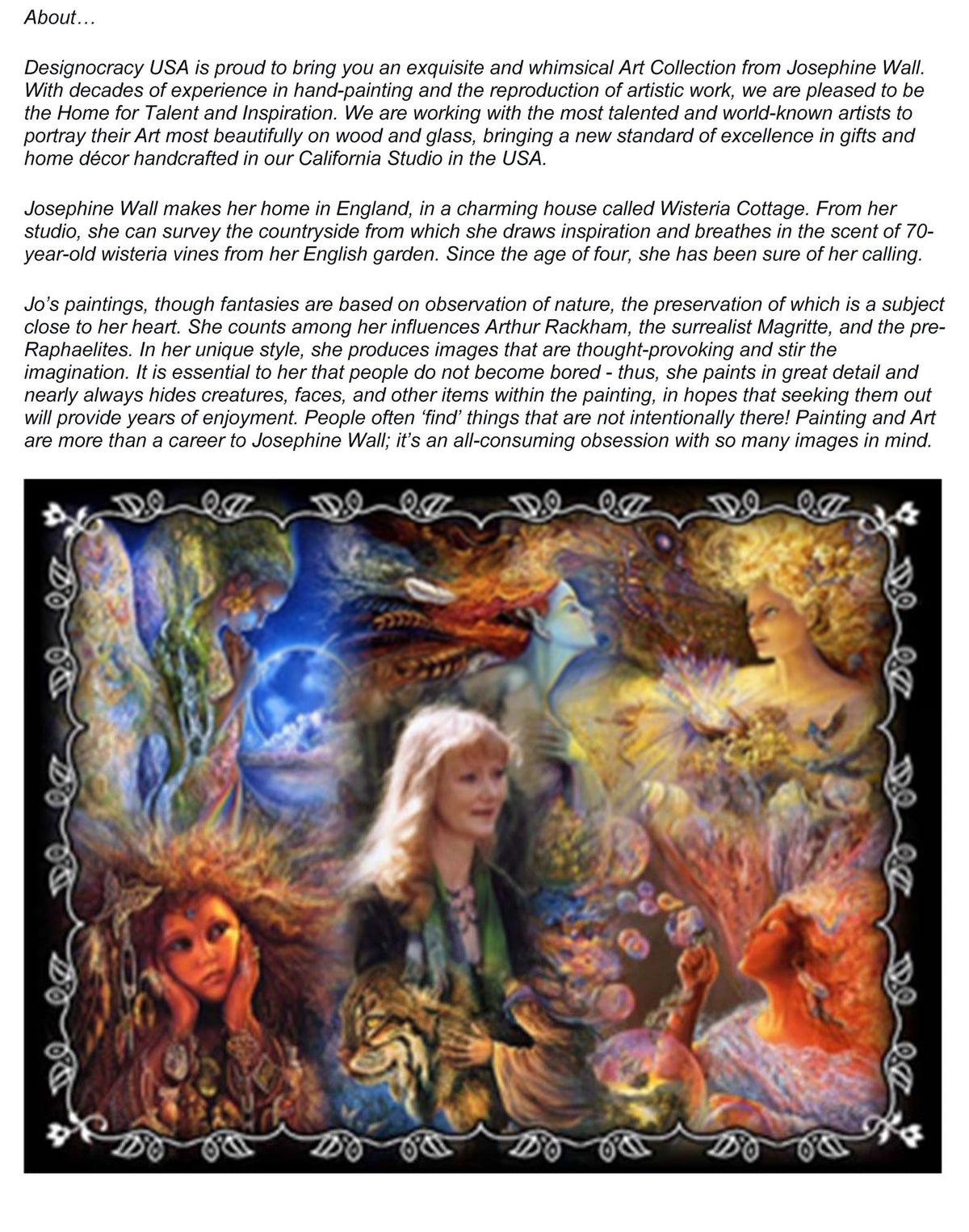 About page with colorful fantasy artwork collage and text describing Josephine Wall.