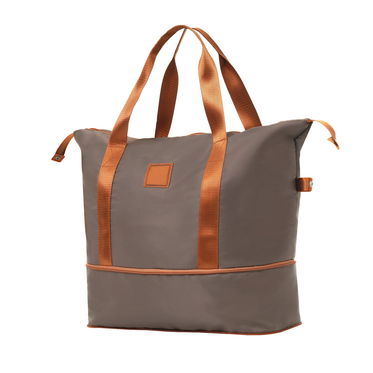 Gray duffle bag with copper handles, front pocket, and side buckle straps