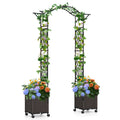 Black garden arch trellis frame with two wheeled planter boxes, shown separately