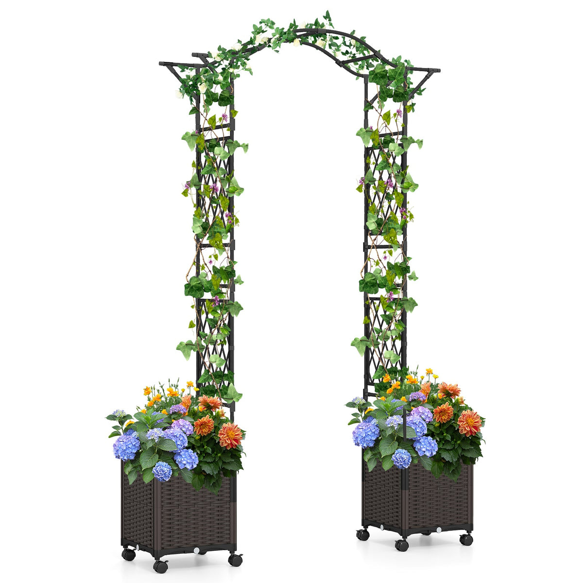 Black garden arch trellis frame with two wheeled planter boxes, shown separately