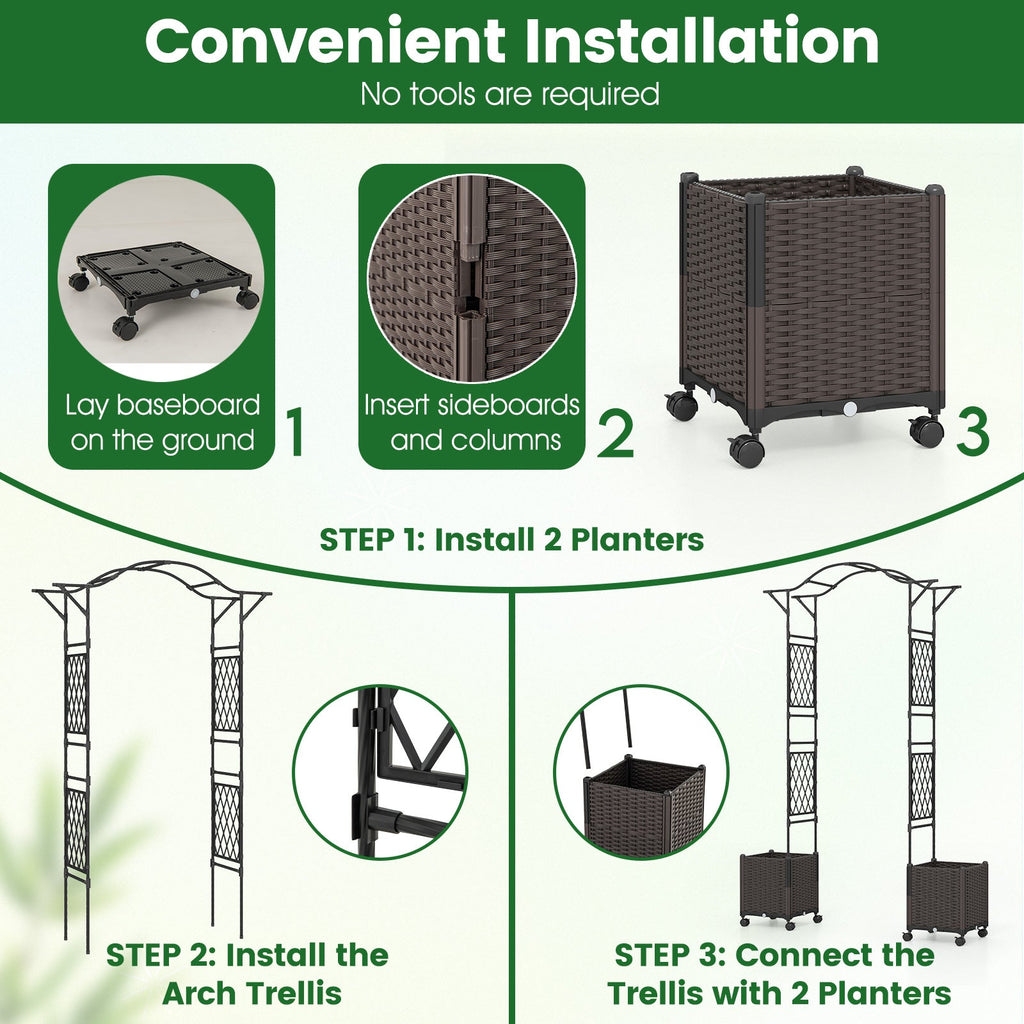 Black wheeled planter boxes and arch trellis installation steps graphic
