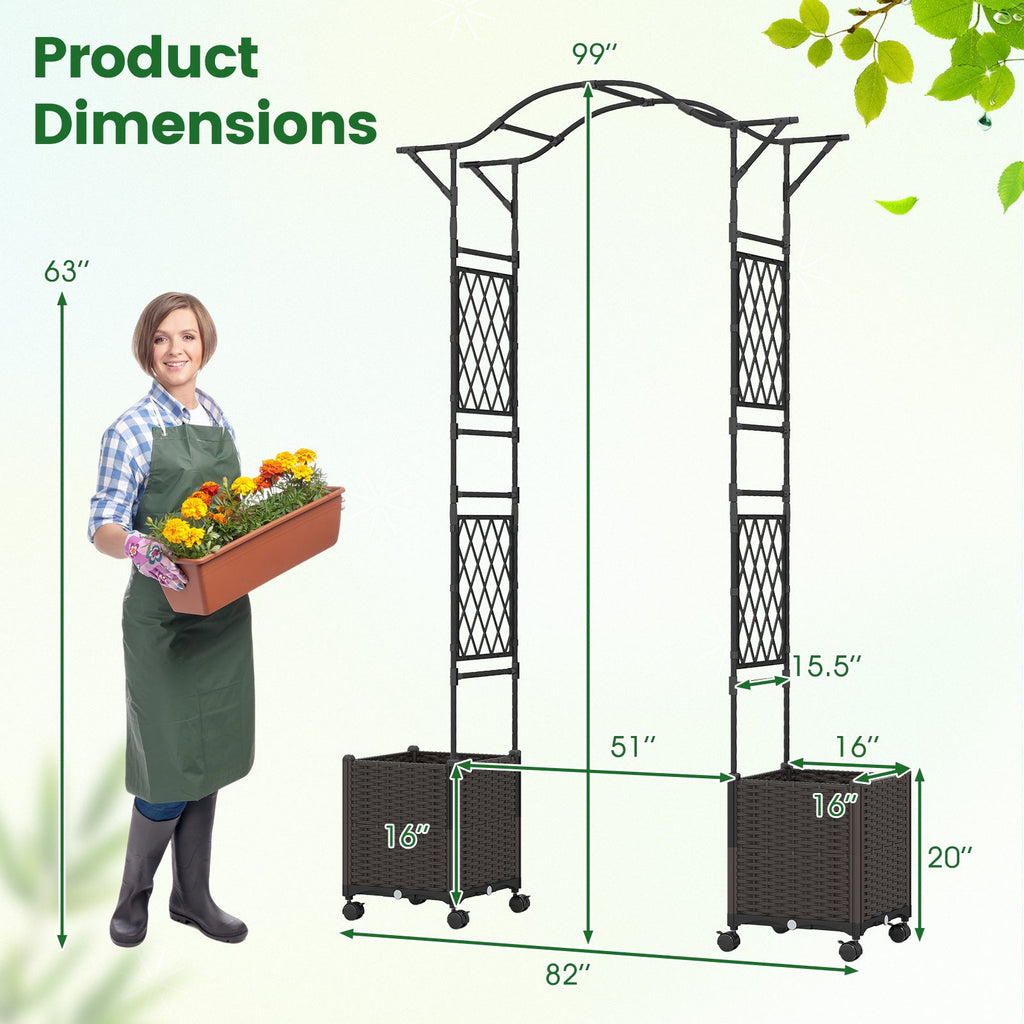 Black garden arch trellis with two wheeled planter boxes and size diagram