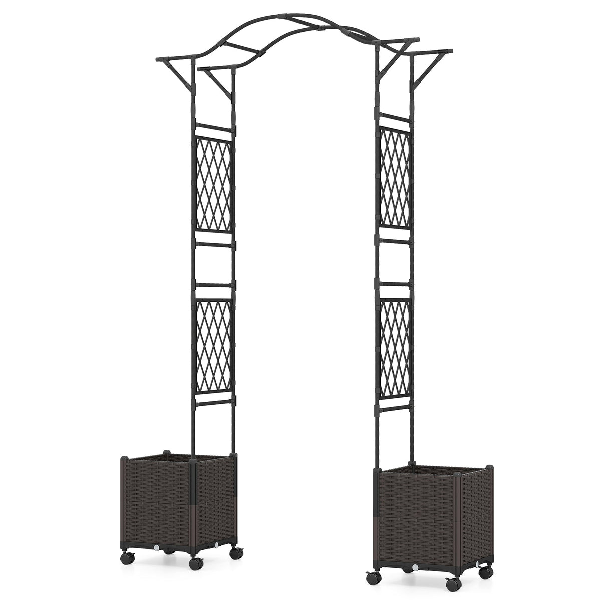 Black garden arch trellis frame with two wheeled planter boxes, front view