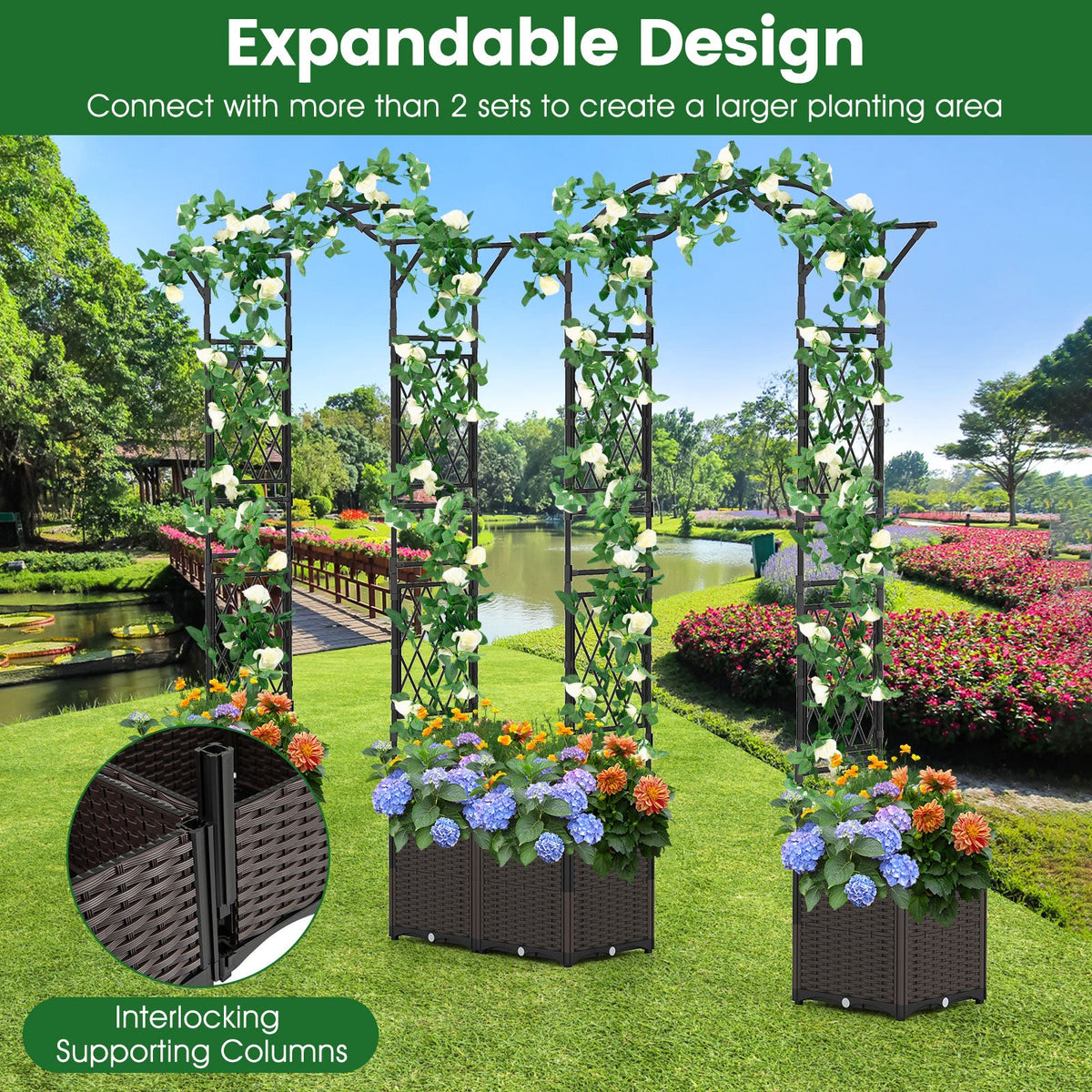 Outdoor expandable garden arch trellis with vine columns and two wheeled planter boxes