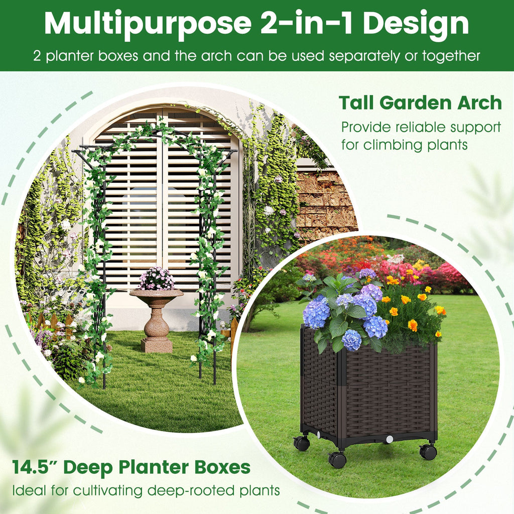 Garden arch trellis with two wheeled planter boxes shown together and in close-up