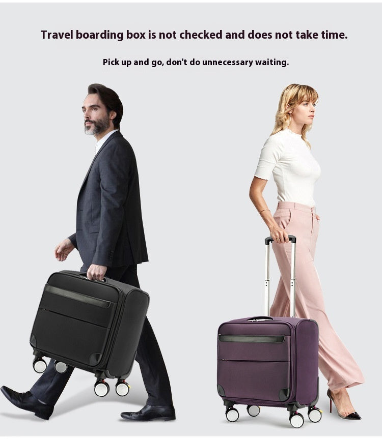 Black rolling suitcase with telescoping handle and four spinner wheels, held while walking.
