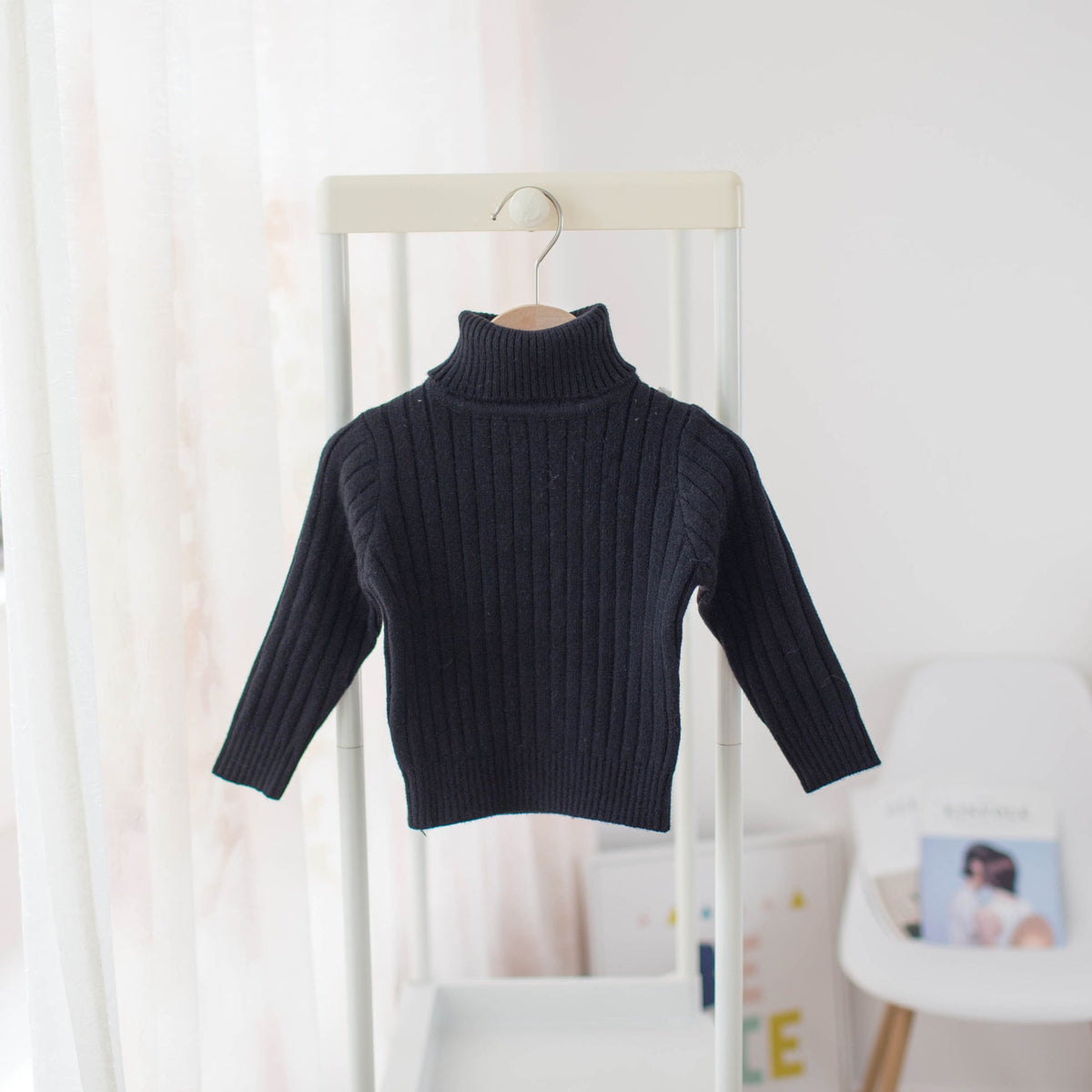 Kids ribbed turtleneck knit shirt, dark navy/black, long sleeves