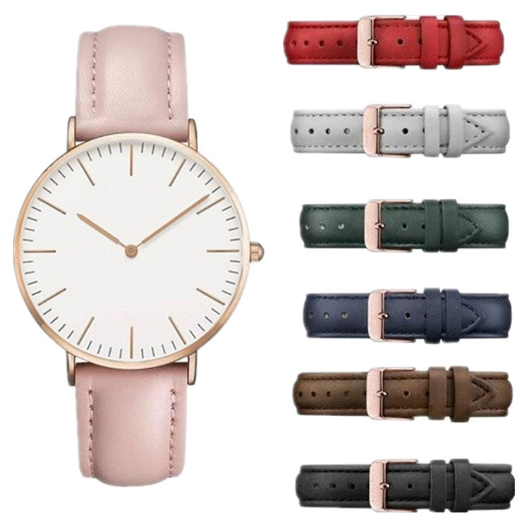 Quartz wristwatch set with leather straps and white dials, rose-gold cases