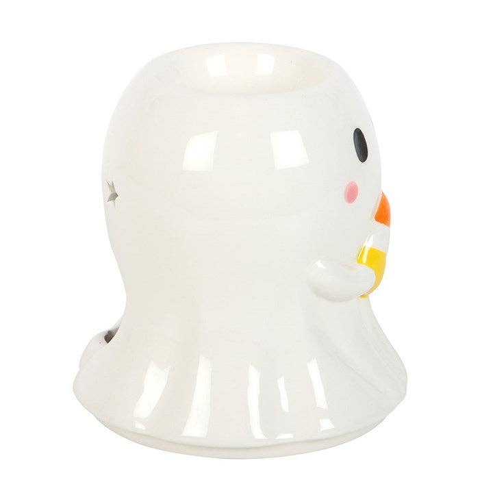 White ghost oil burner wax warmer side view with cartoon face and candy-corn beak