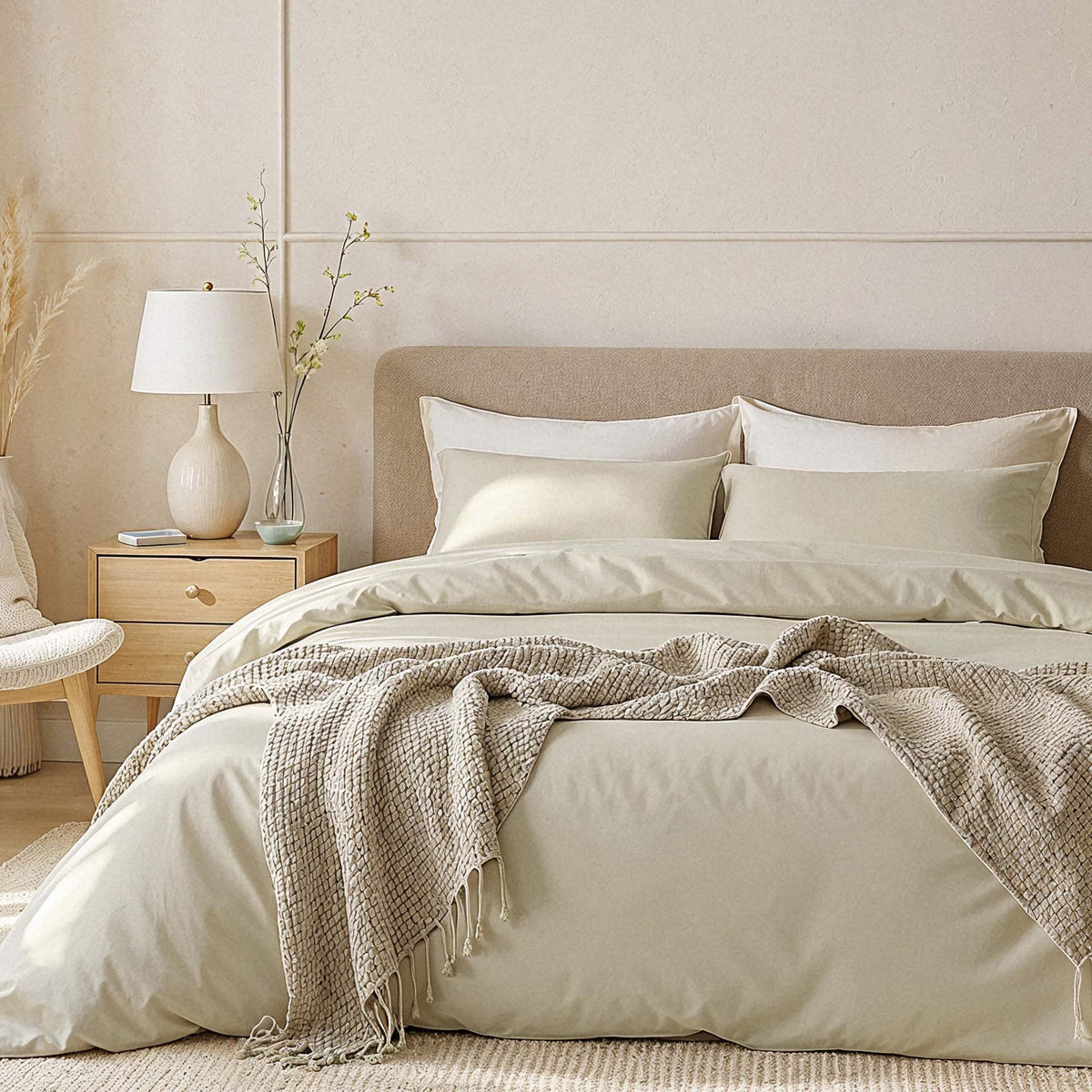 Oat-colored sateen bedding bundle with layered pillows, duvet, and throw blanket
