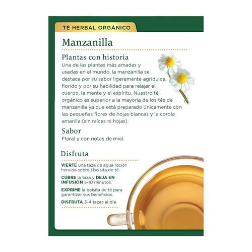 Manzanilla herbal tea box back with flavor and preparation details