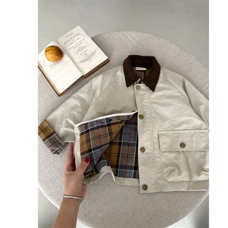 White plaid patchwork jacket with brown collar and button front