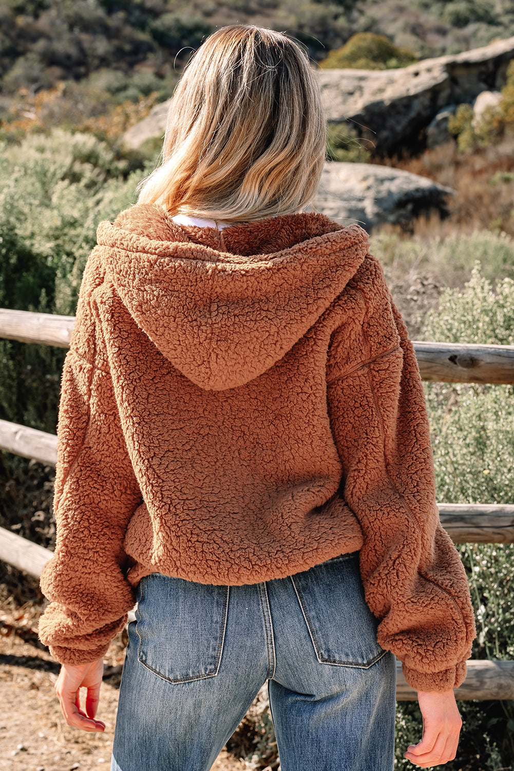 Brown sherpa fleece hooded jacket, rear view with full hood and zip front
