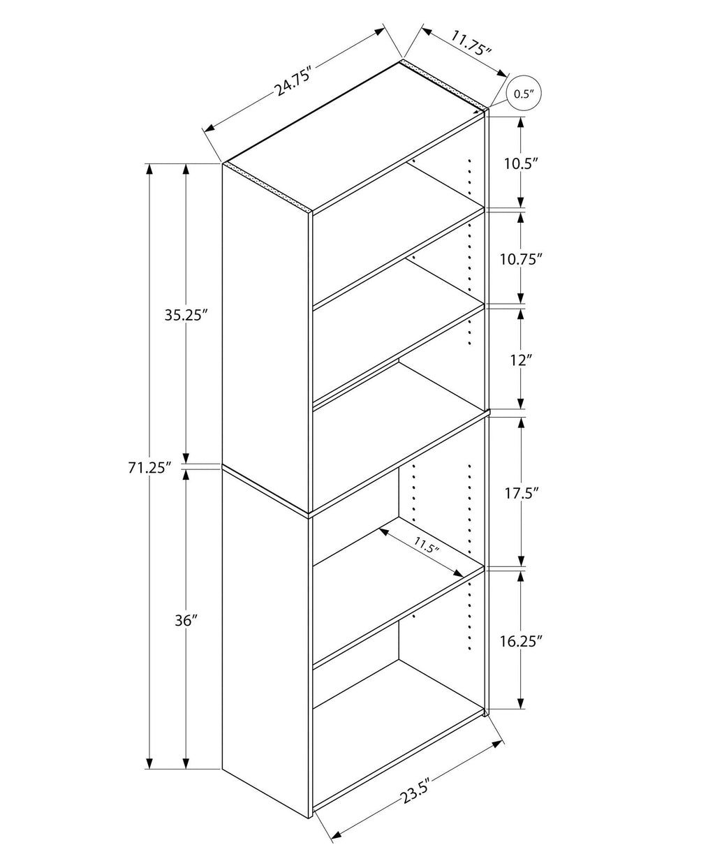 6-tier bookcase dimensions diagram with shelf spacing and measurements