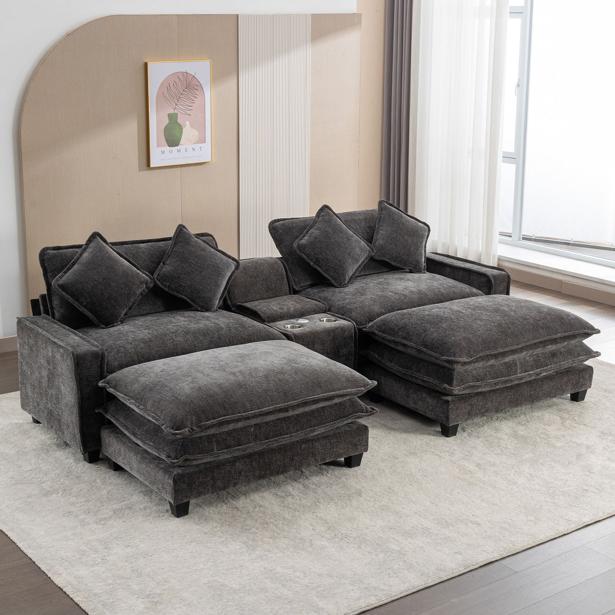 Dark gray sectional sofa with corner chaise layout and removable ottomans