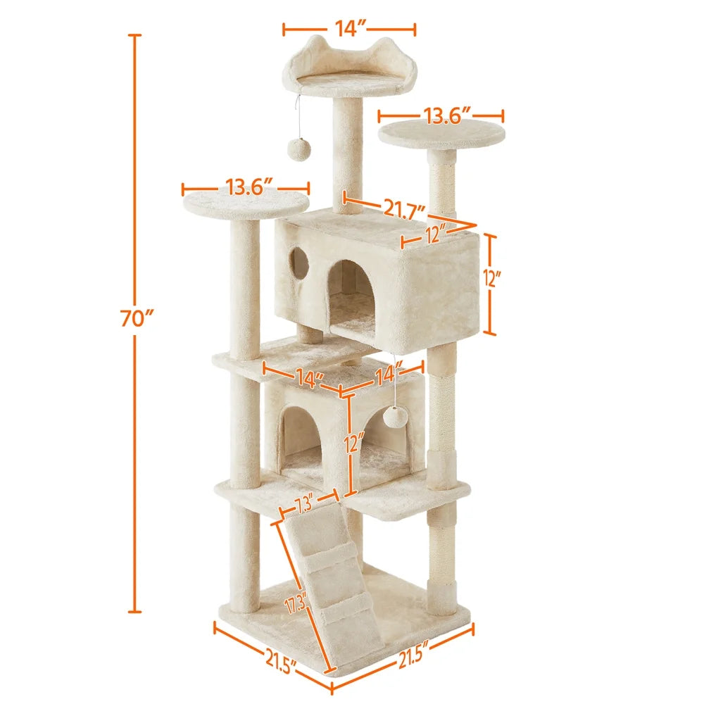 70-inch beige cat tree with two condos, platforms and ramp; dimensions shown