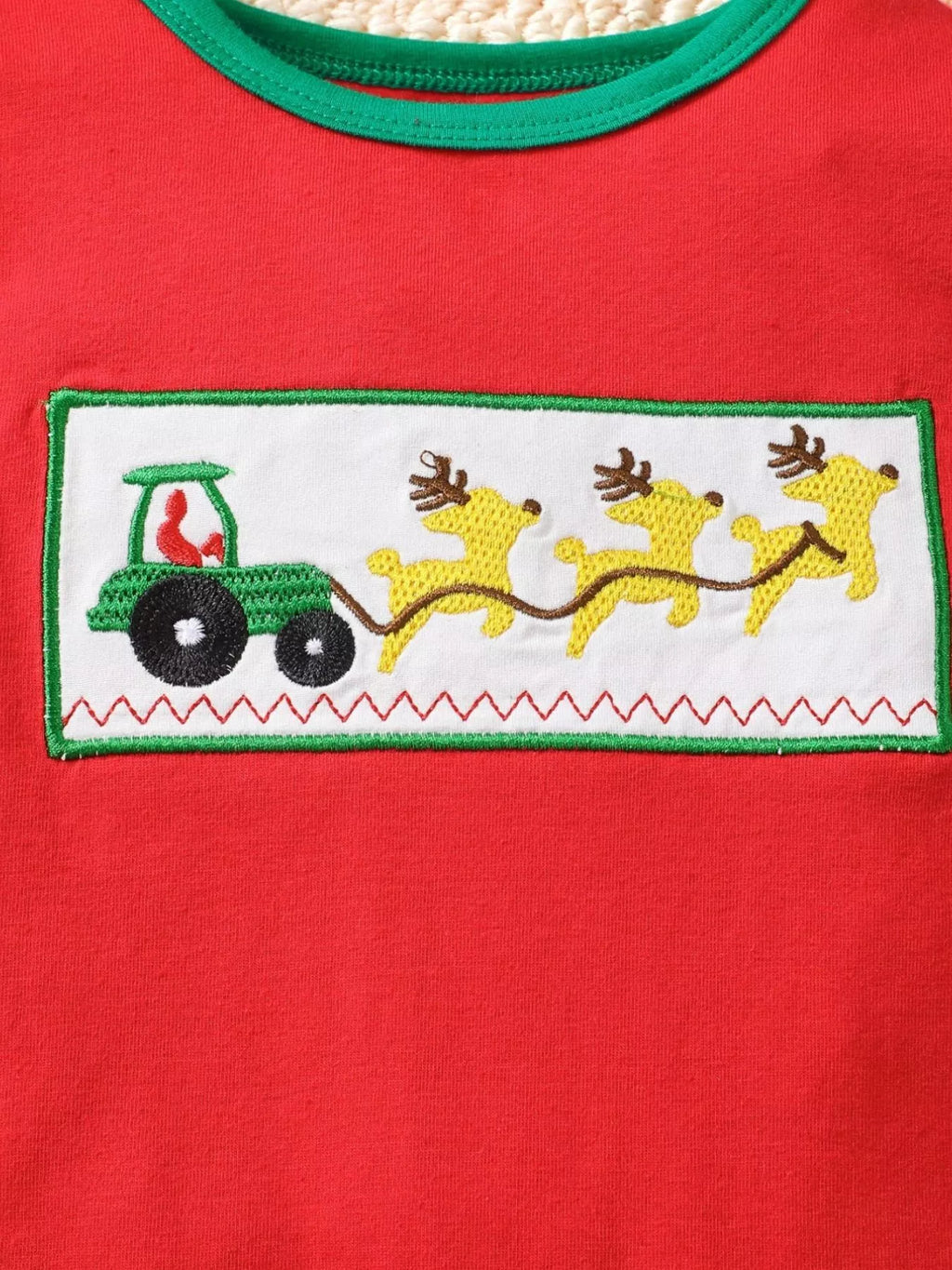 Red kids Christmas jumpsuit with embroidered reindeer graphic patch and green border