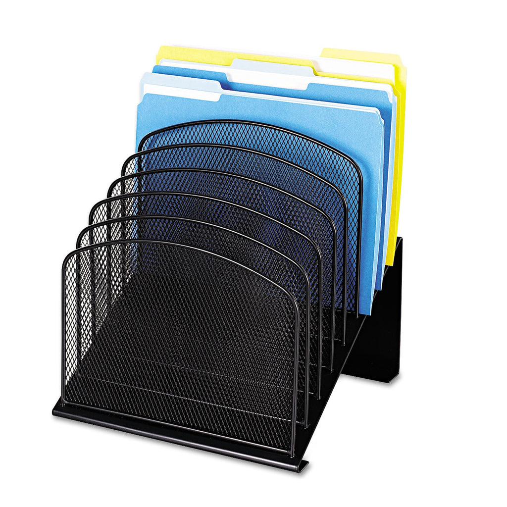 Black mesh tiered desk organizer holding multicolor folders and papers