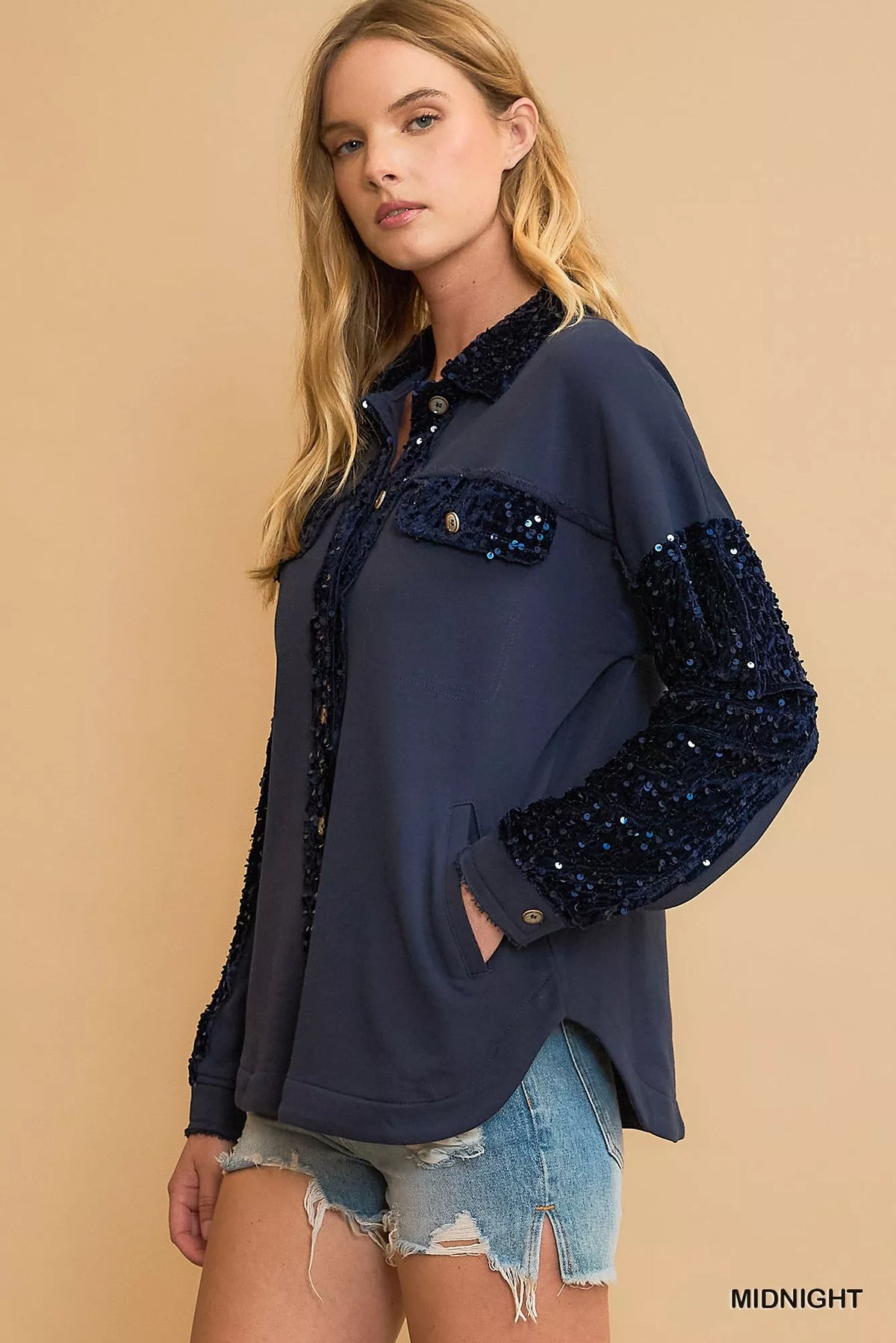 Midnight blue sequined French terry jacket with button front and chest patch pocket