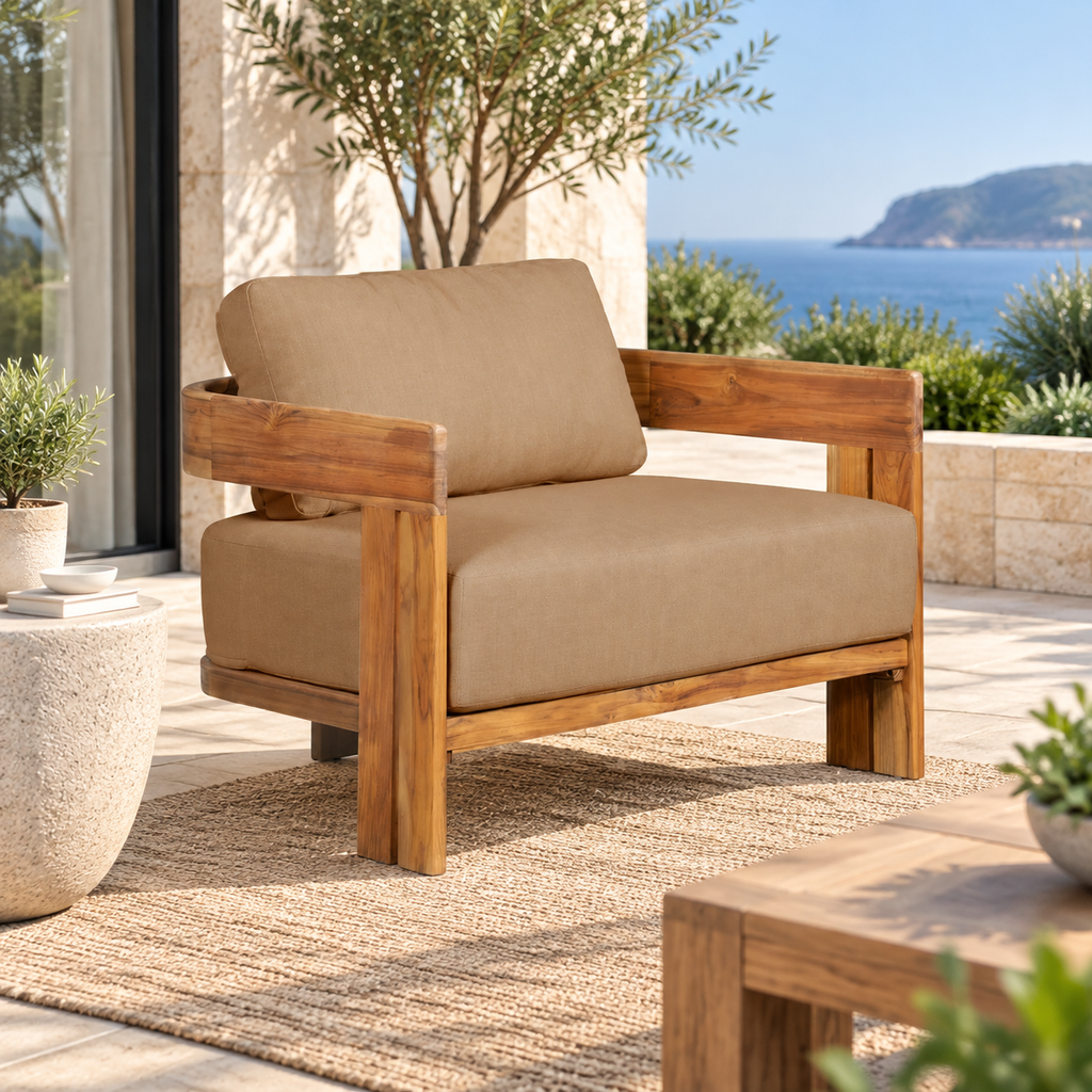 Outdoor teak wood chair with light brown fabric seat and backrest, wide arms