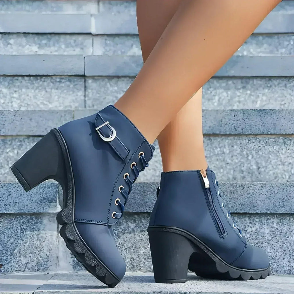 Blue ankle boots with chunky heel, lace-up front, side zipper and buckle strap