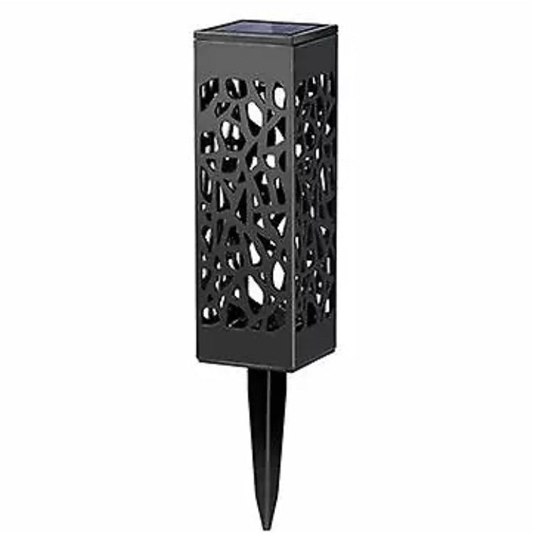 Black solar lantern light with geometric cutouts and pointed ground stake
