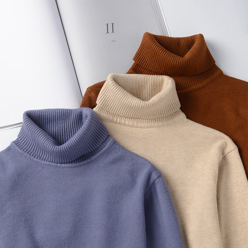 Mens turtleneck sweater assortment in blue, cream, and rust brown