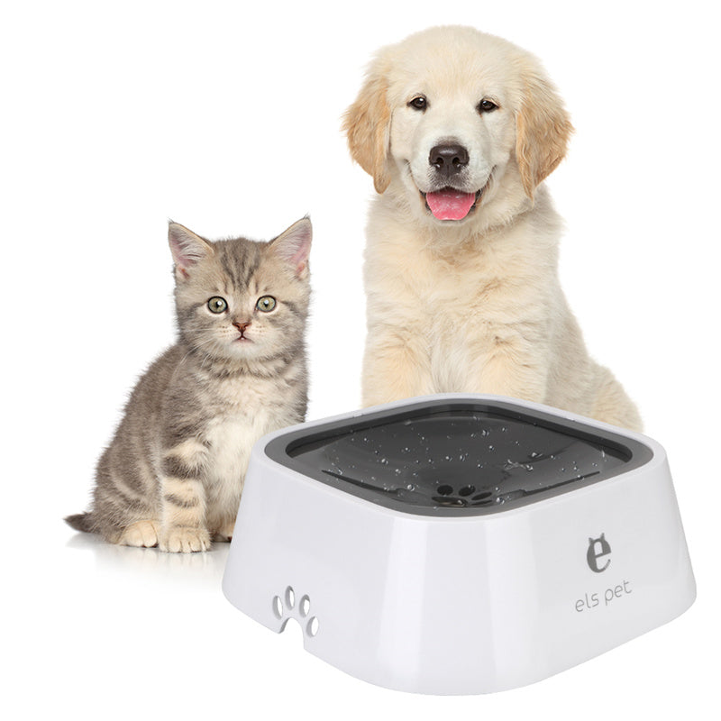 White floating pet water bowl with paw-print sides and dark top tray for cats and dogs