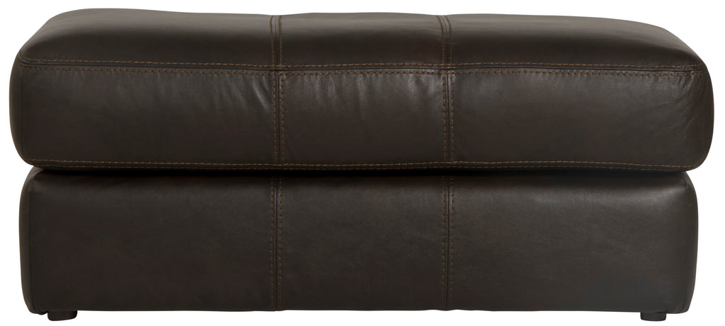Chocolate leather ottoman front view with centered vertical seam and padded base.