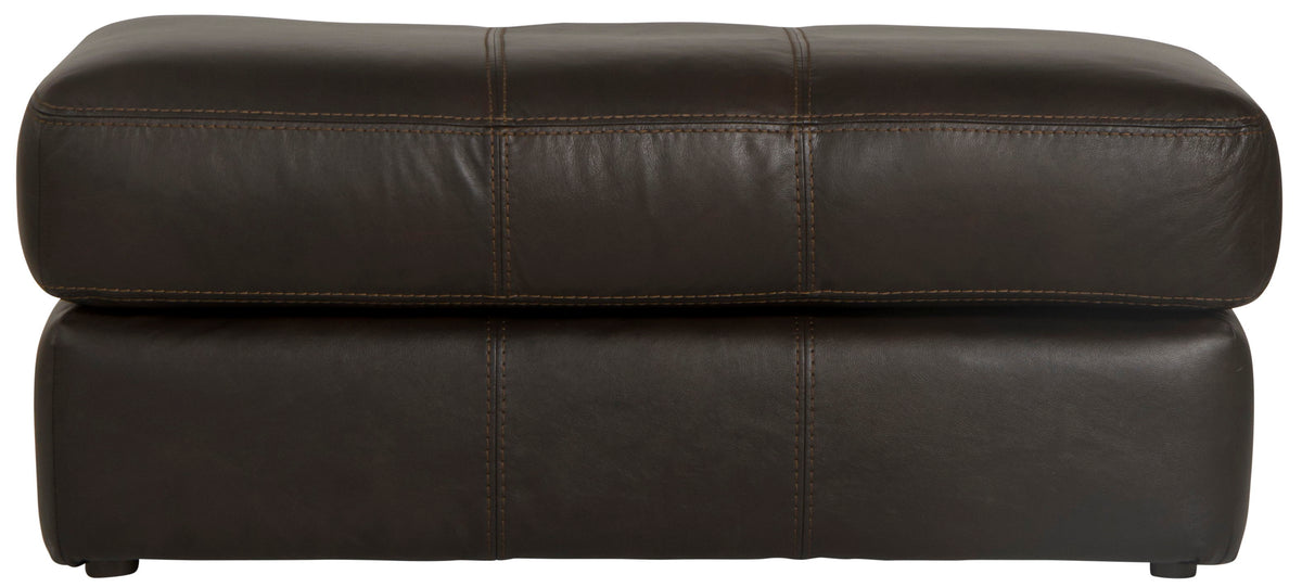 Chocolate leather ottoman front view with centered vertical seam and padded base.
