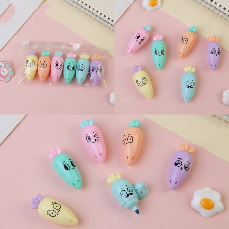 Assorted pastel cartoon capsule highlighters, including egg-shaped mini markers.