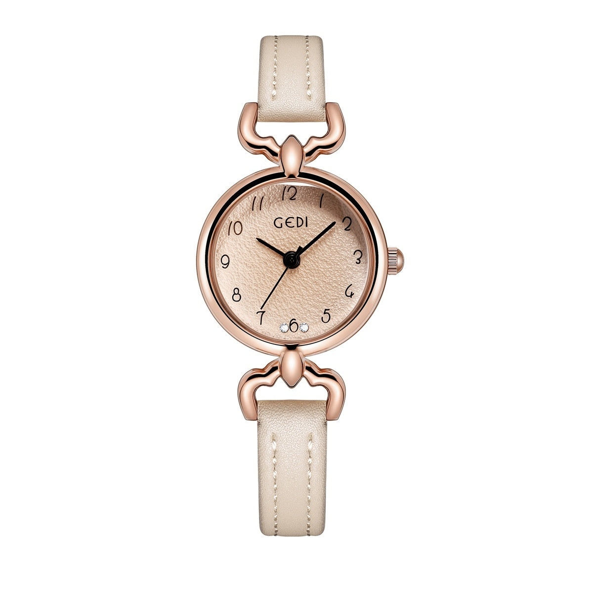 Petite ladies quartz watch with light beige leather strap and rose-gold case