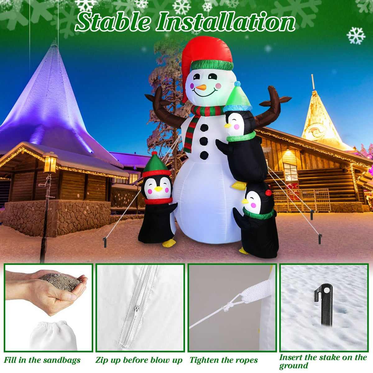 Inflatable snowman with penguins; ropes and stake setup for stable installation