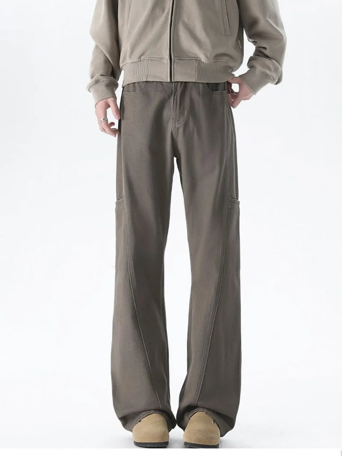 Men's relaxed fit wide-leg casual pants, brown, with elastic waistband