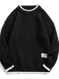 Black textured knit sweater, men's plus size, round neck with ribbed trim