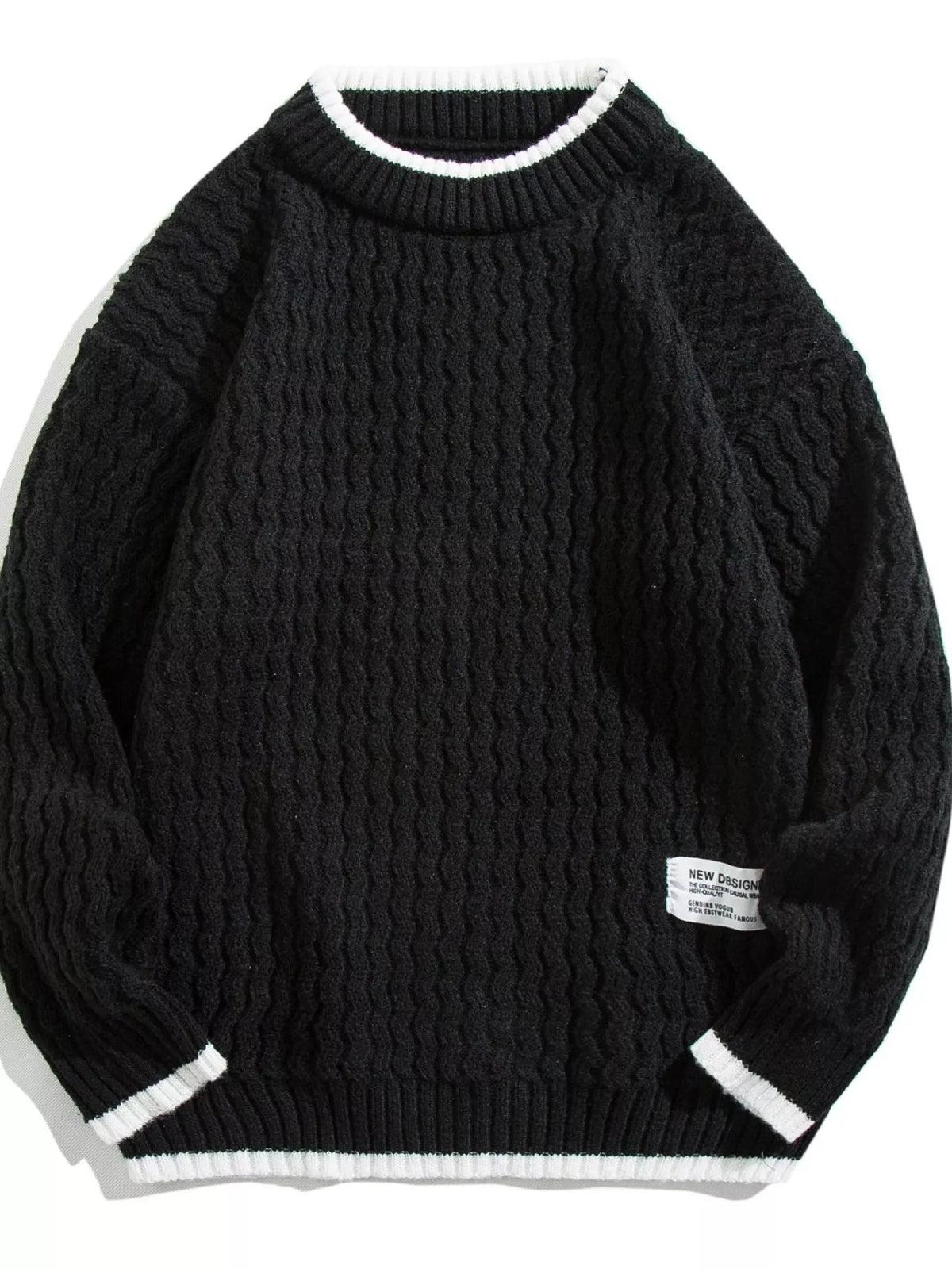 Black textured knit sweater, men's plus size, round neck with ribbed trim