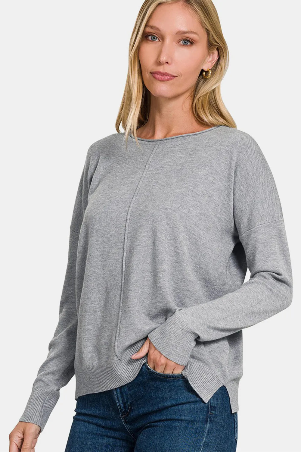 Gray front-seam round-neck sweater with long sleeves and ribbed hem