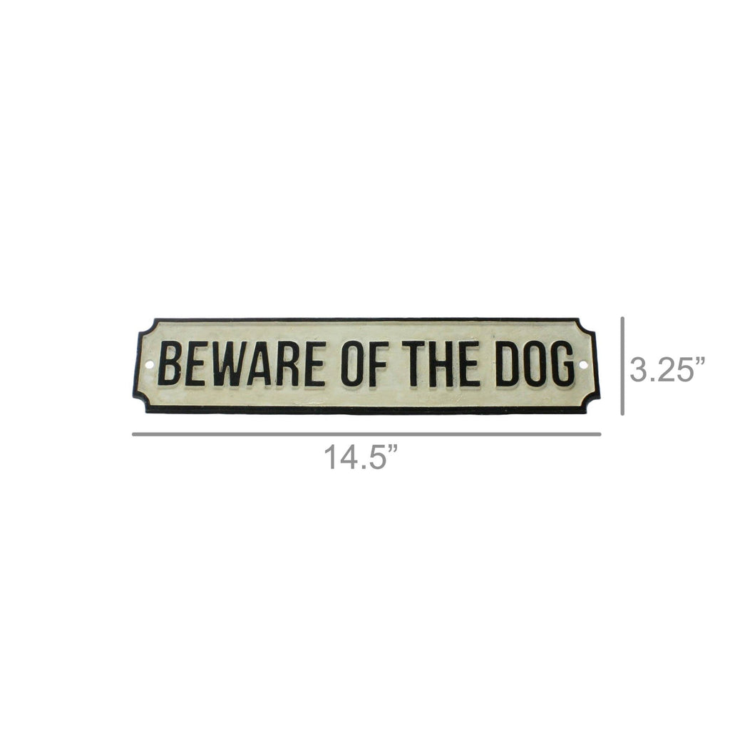 Cast iron sign size 14.5 x 3.25 in with "BEWARE OF THE DOG" text, black border.