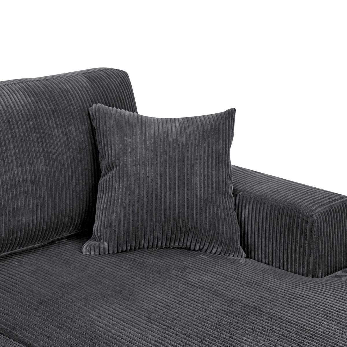 Dark gray corduroy double chaise sectional sofa with back cushions and armrest