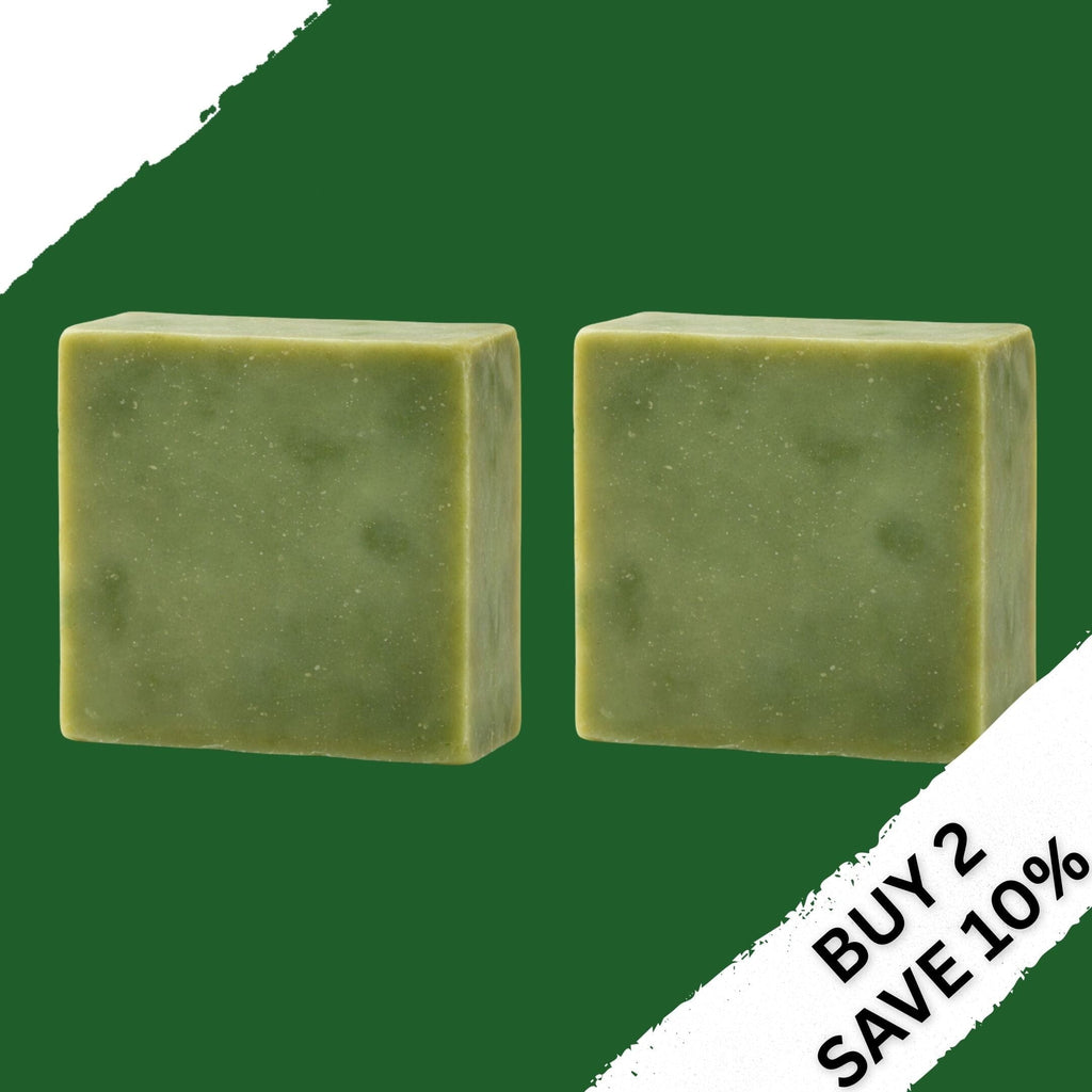 Two green shampoo bar squares, side-by-side