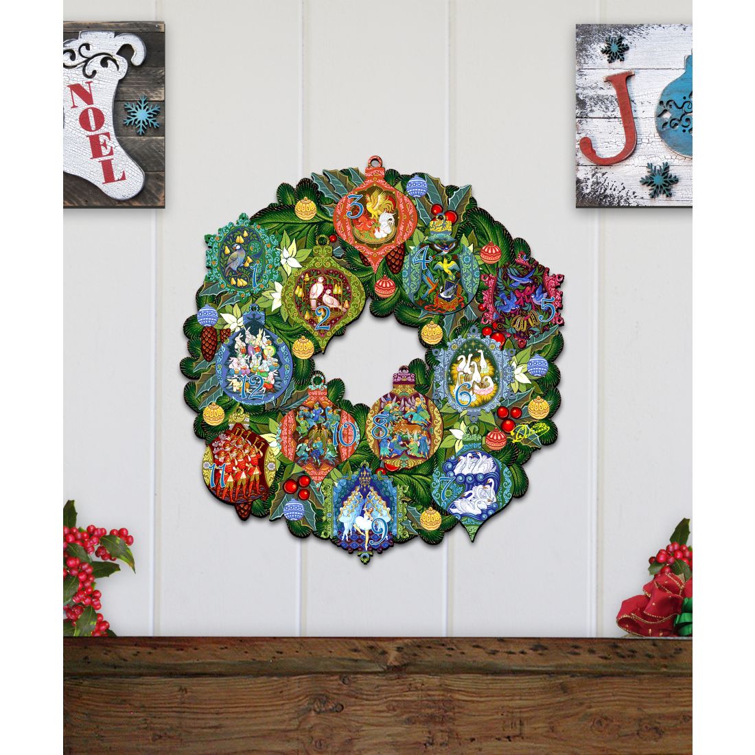 12 Days of Christmas door wreath with layered numbered ornaments and green foliage
