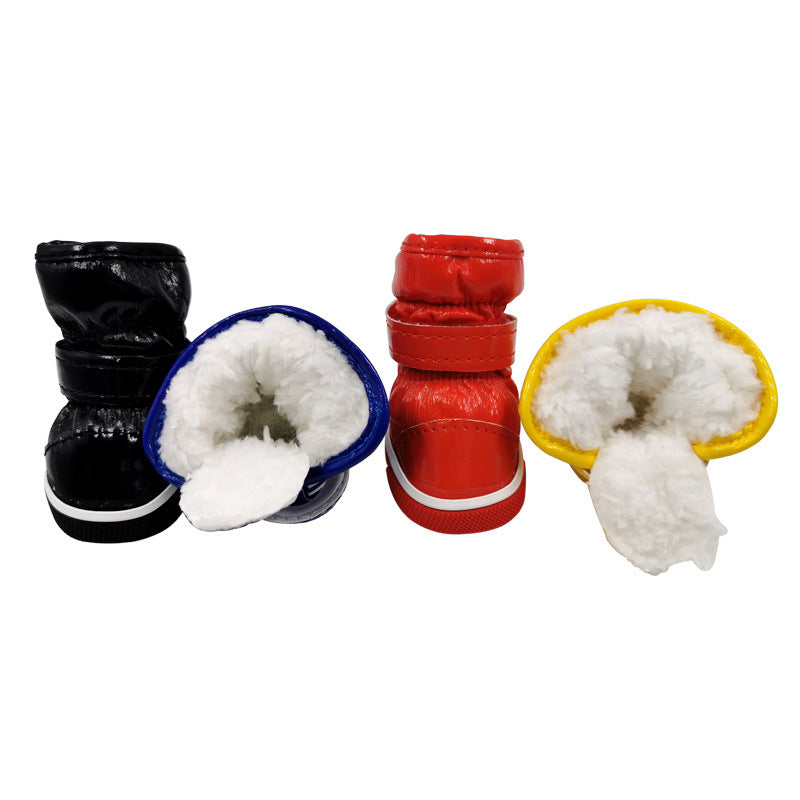 Pet ski boots with plush white lining, in black, blue, red, and yellow colors