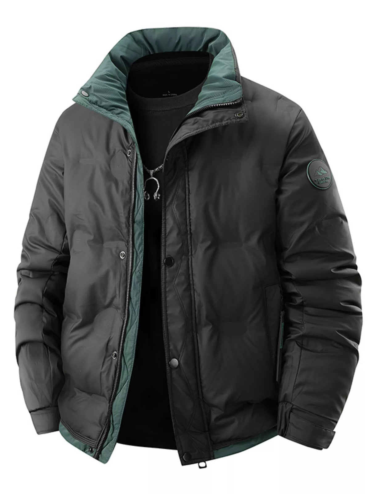 Men's padded lightweight coat in dark gray, teal hood lining, zip front
