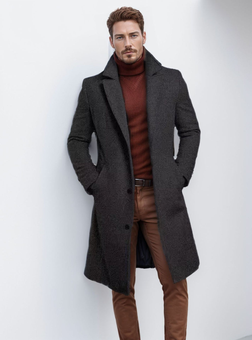 Men's single-breasted long warm coat, charcoal gray textured weave with notch lapels