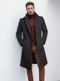 Men's single-breasted long warm coat, charcoal gray textured weave with notch lapels