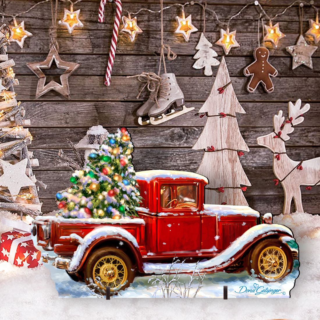 Christmas yard stake decoration: red vintage truck with decorated tree and snowy accents