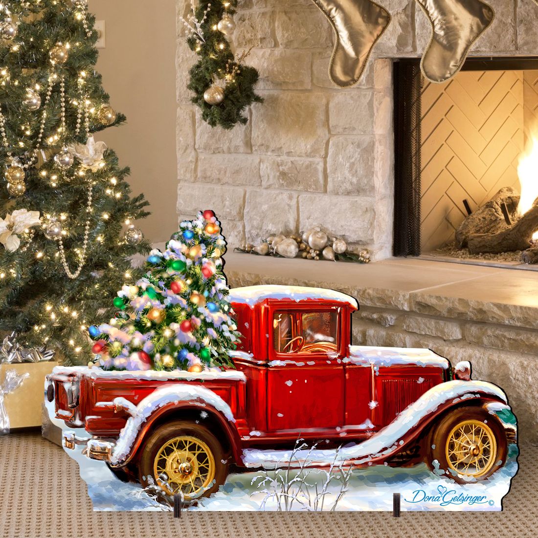 Christmas yard stake decoration: red vintage truck with snowy base and decorated tree topper