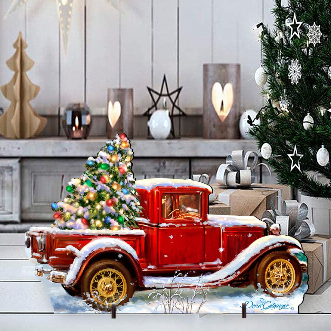 Christmas yard stake decoration: red vintage truck with decorated tree and snow effect on base