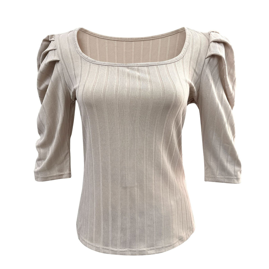 Cream long-sleeve medieval-style tunic top with scooped neckline and subtle vertical stripes