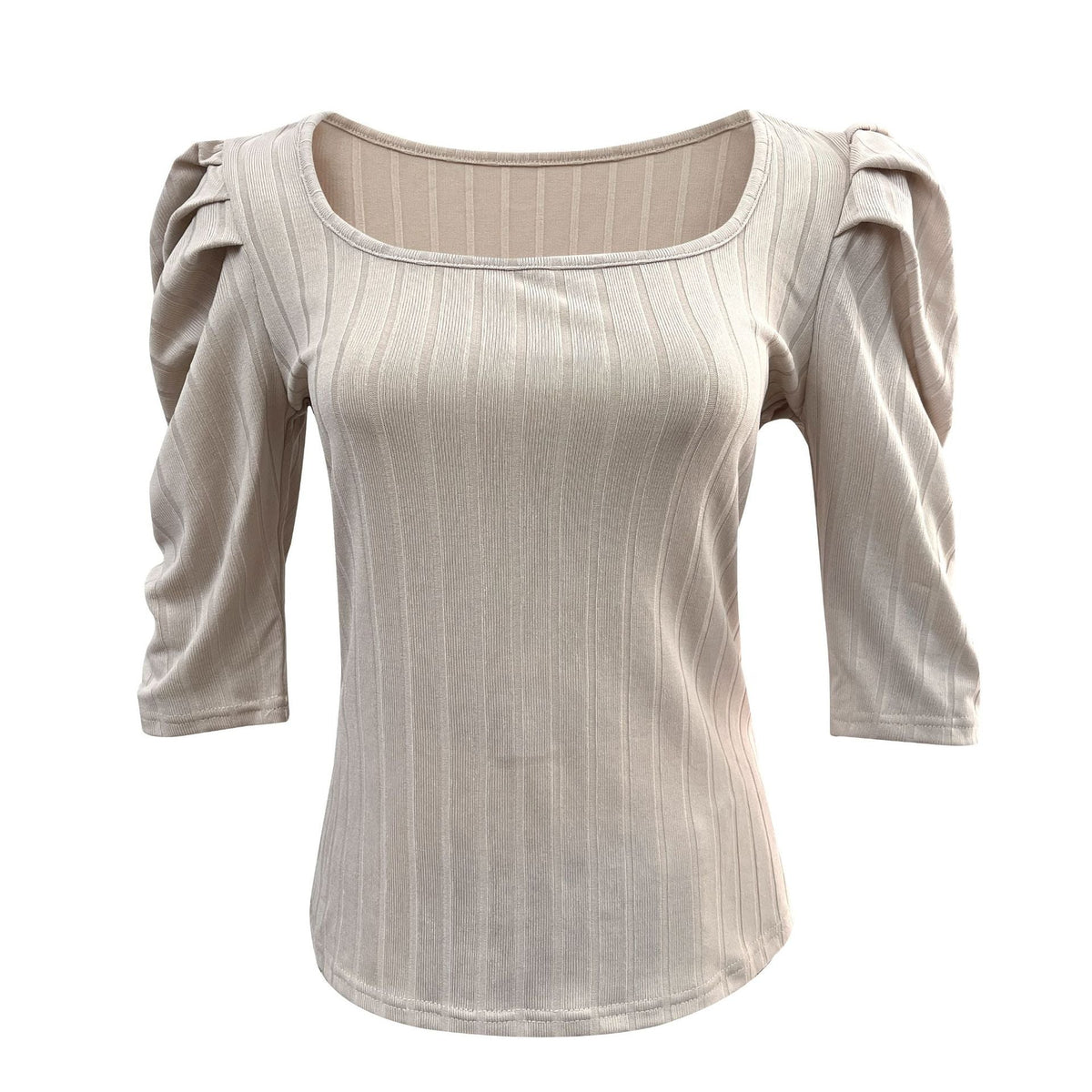 Cream long-sleeve medieval-style tunic top with scooped neckline and subtle vertical stripes